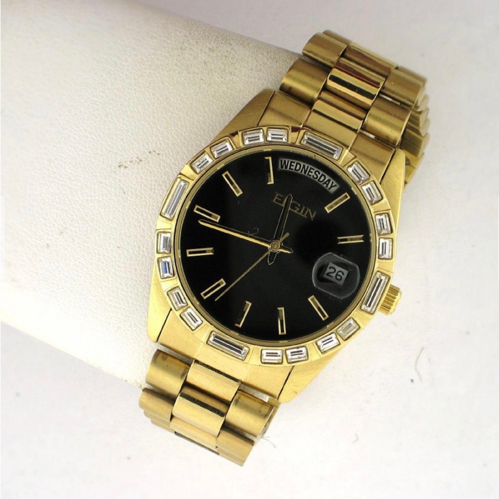 Elgin Gold Tone FG147N Wrist Watch Men Crystal Date
